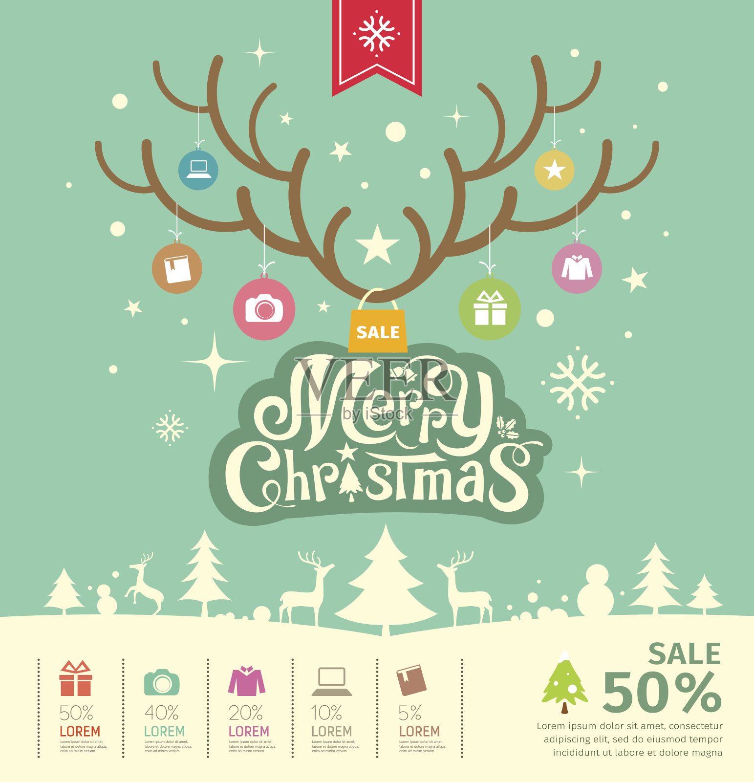 圣诞快乐驯鹿销售概念在绿色背景插画图片素材