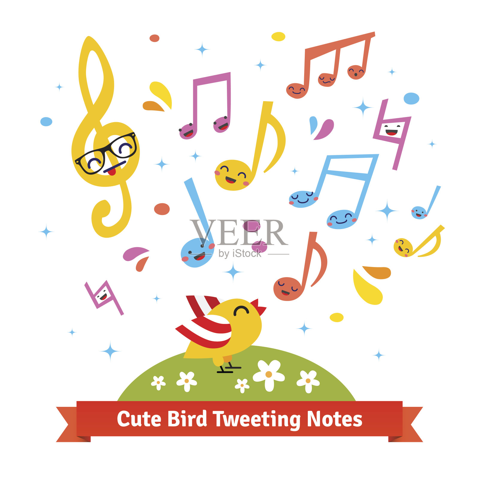 小鸟叽叽喳喳，唱着卡通音符设计元素图片