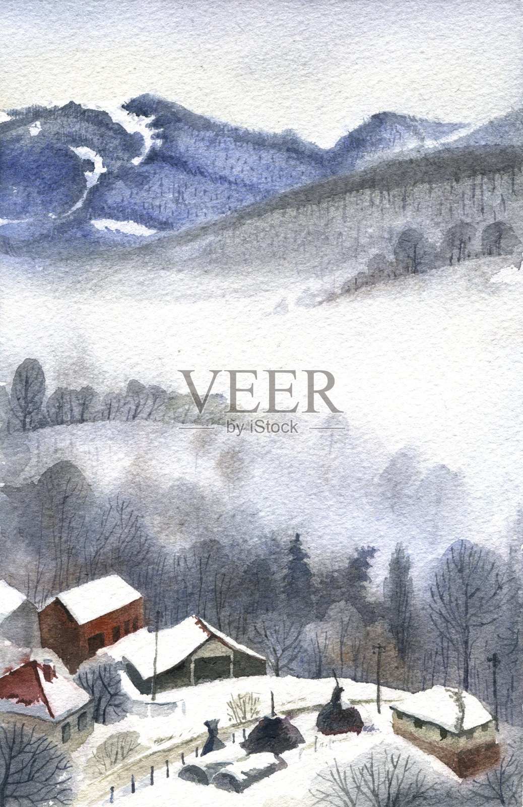 冬天在山上，水彩画风景插画图片素材