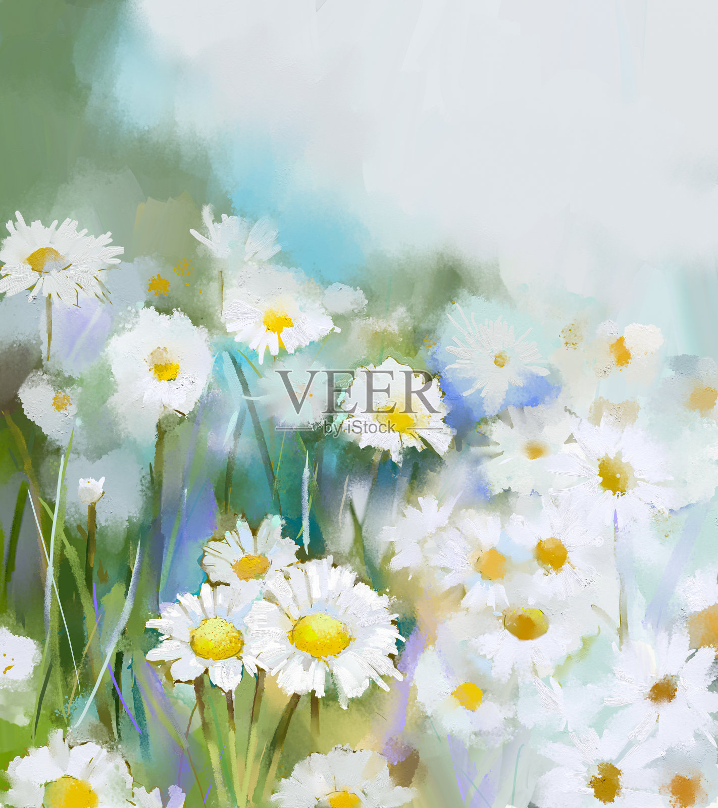 雏菊花绘画。抽象花卉油画插画图片素材