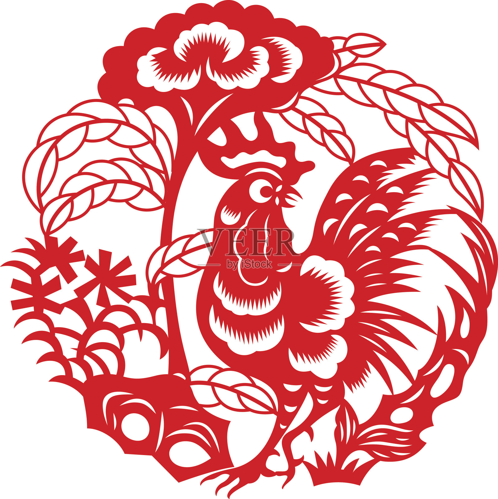 十二生肖鸡年(中国传统剪纸艺术)插画图片素材