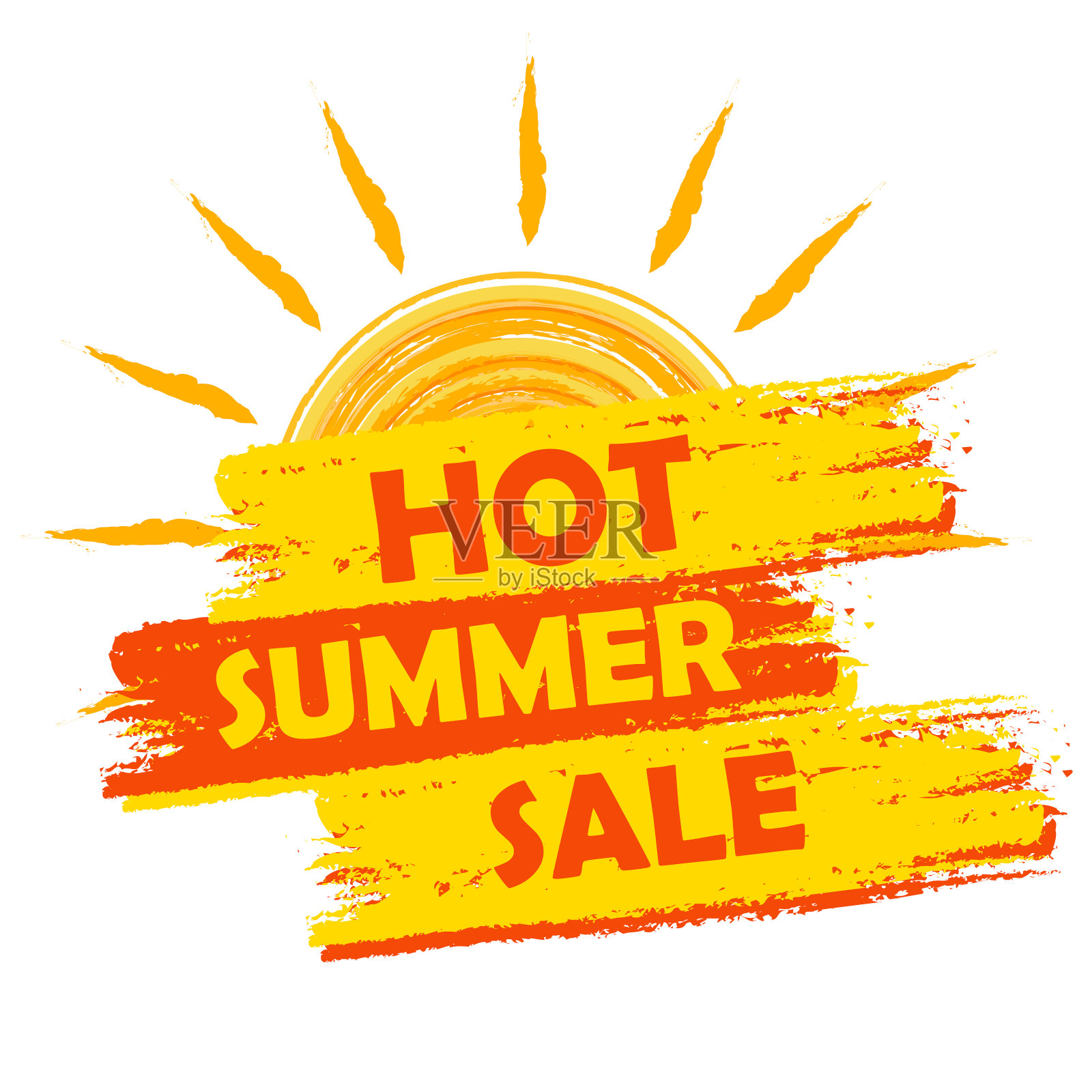 炎热的夏季销售与太阳标志，绘制标签插画图片素材