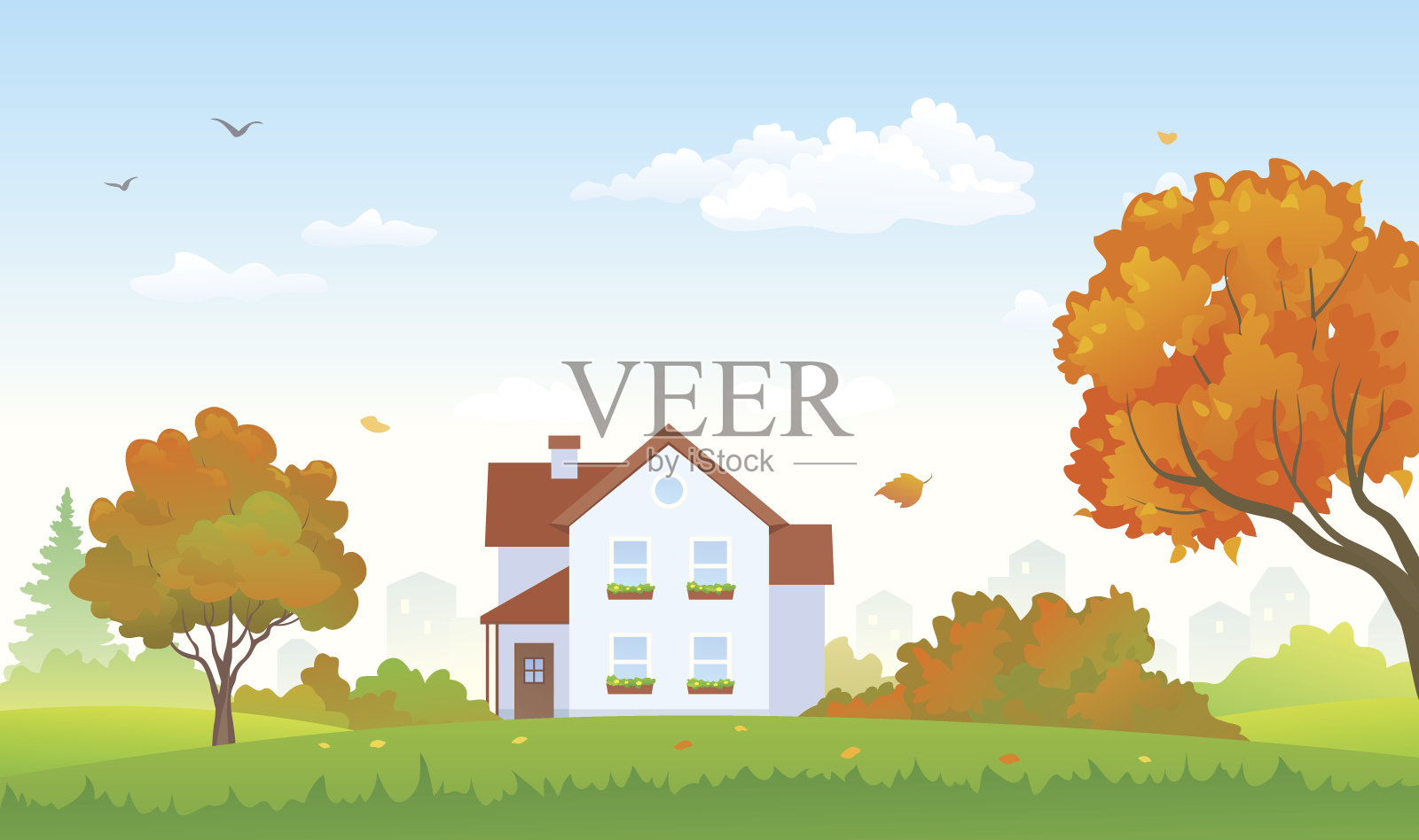 秋天郊区的房子插画图片素材