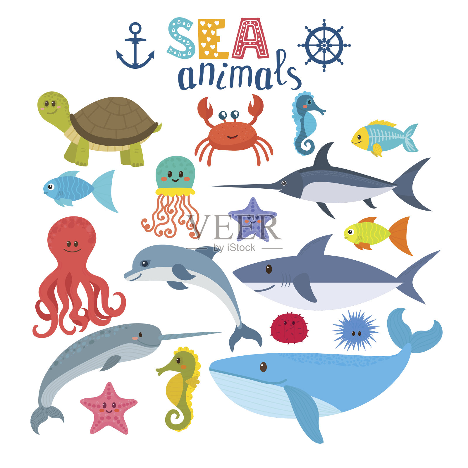 海洋生物向量集。可爱的卡通动物设计元素图片