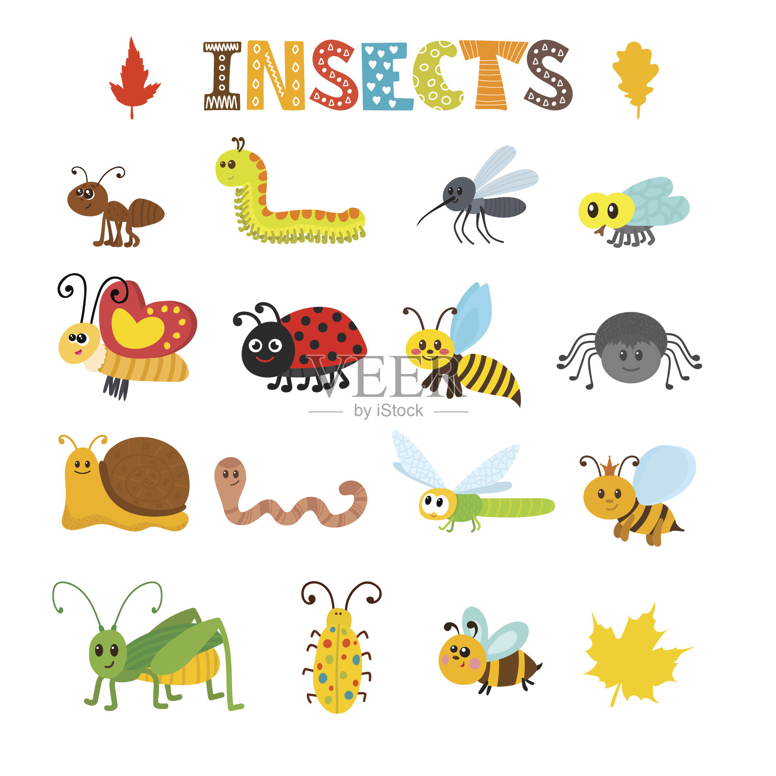 向量组卡通昆虫。色彩斑斓的bug集合插画图片素材