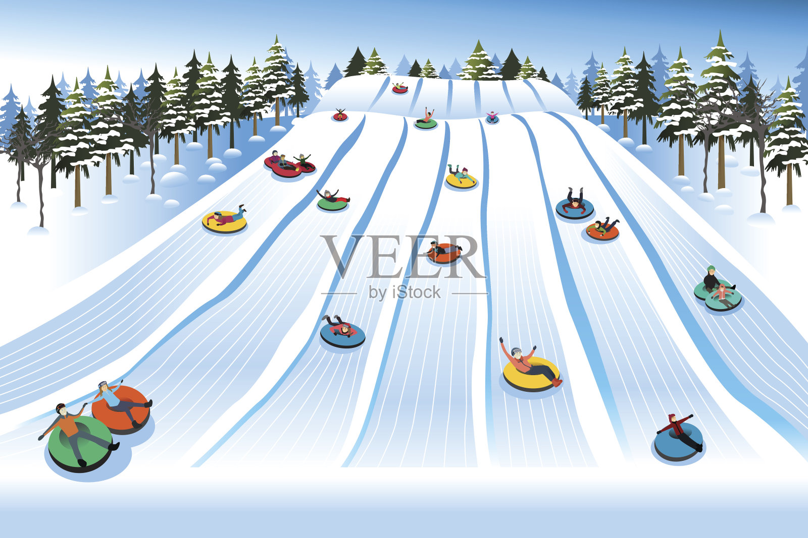 冬天在油管山上滑雪橇的人们插画图片素材