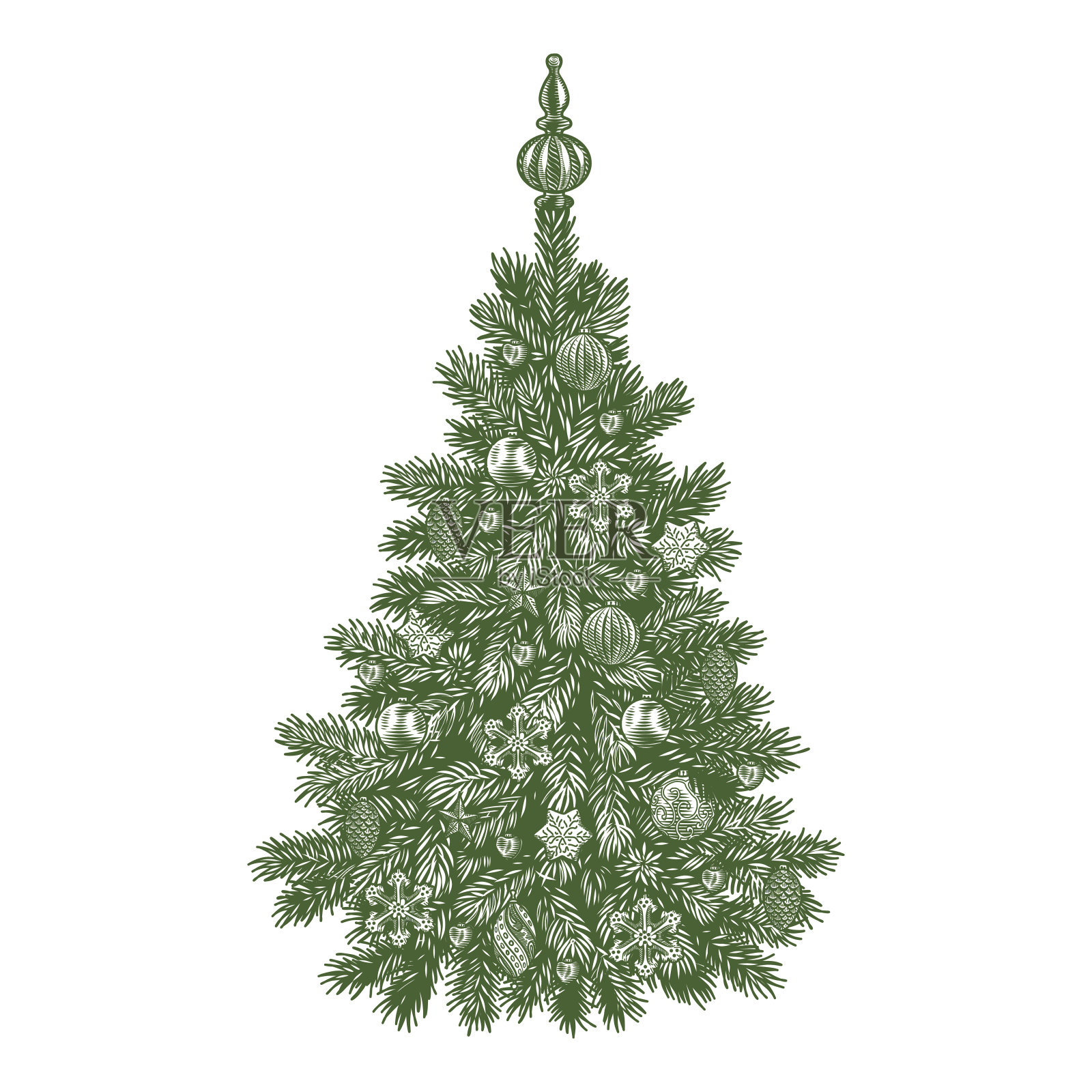 圣诞树，详细的复古矢量插图设计元素图片