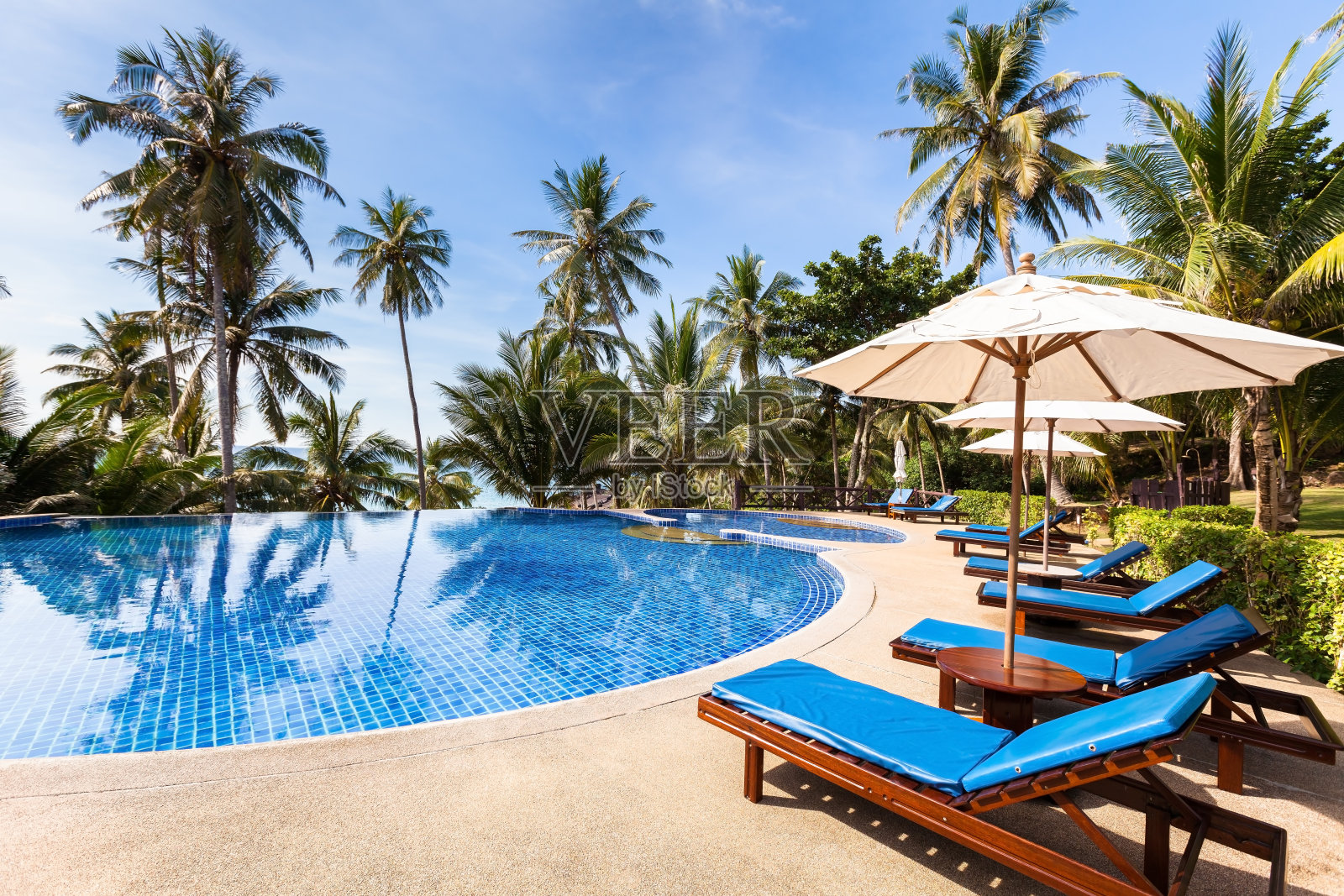 美丽的热带海滨度假酒店配有游泳池，阳光明媚照片摄影图片
