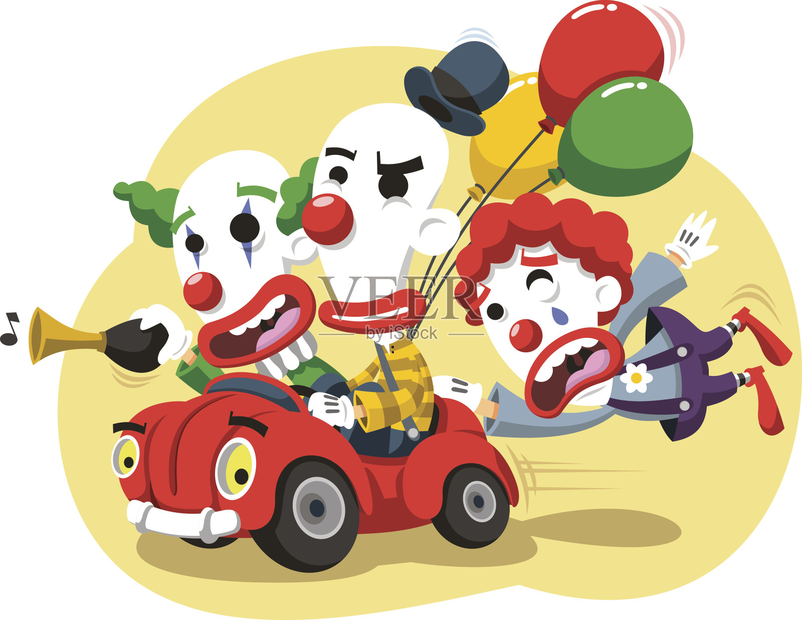 小丑马戏团表演在汽车与气球和喇叭插画图片素材