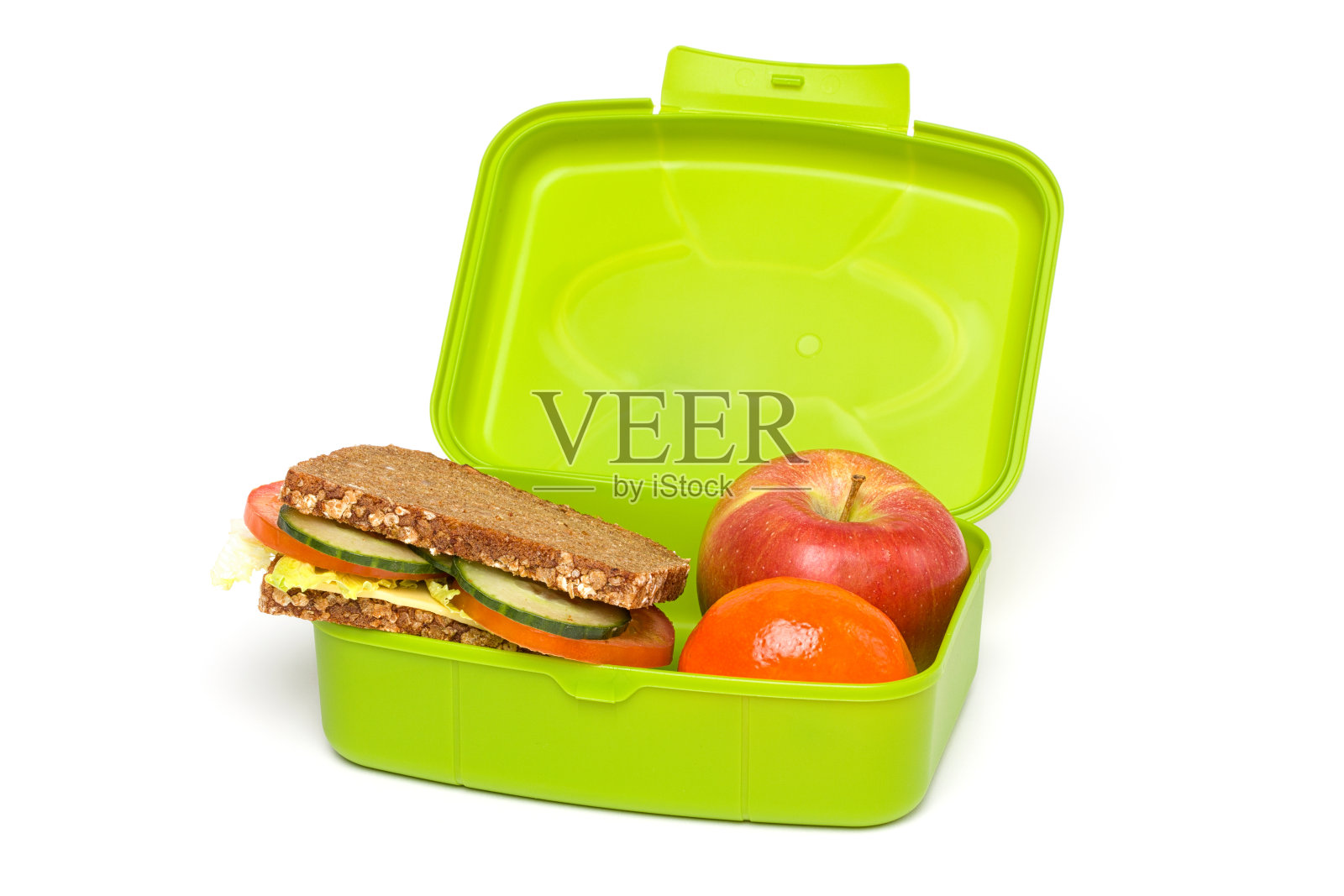 绿色健康午餐盒，孤立在白色照片摄影图片