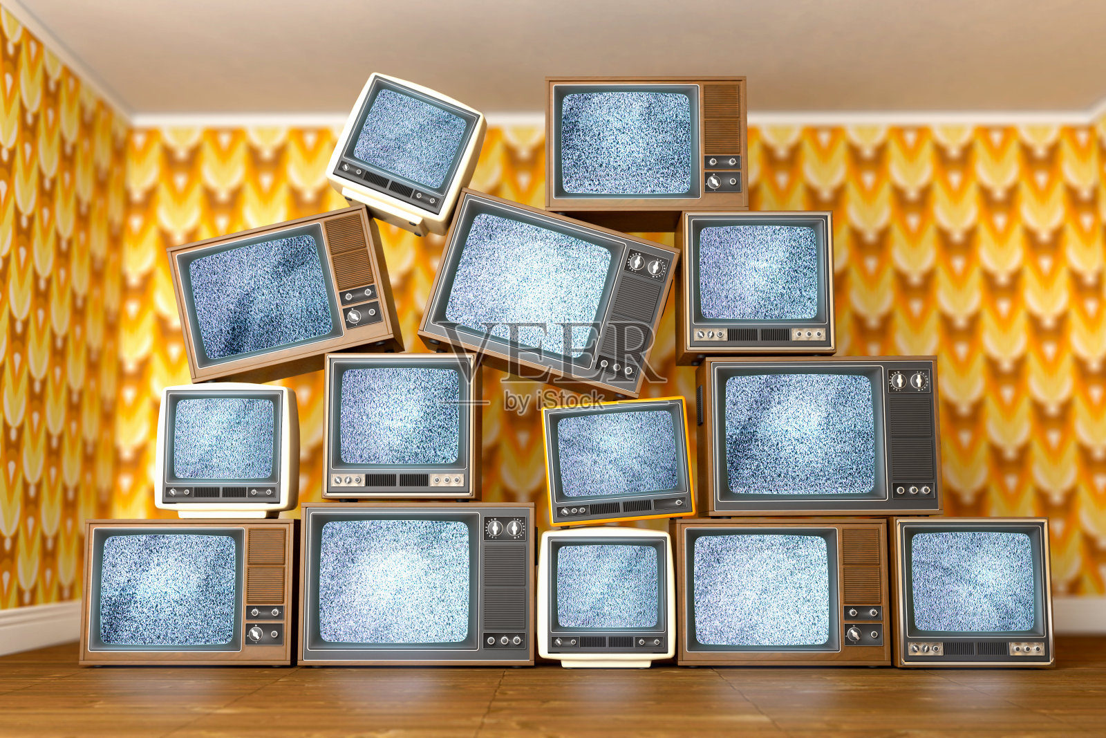 一堆显示静态信号的老式电视机照片摄影图片