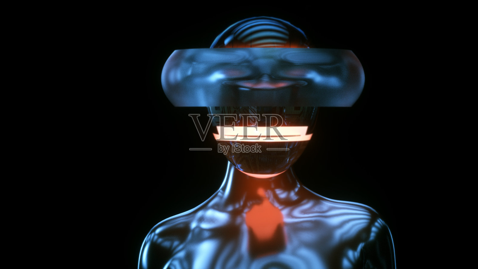 佩戴VR头盔的女性半机械人照片摄影图片