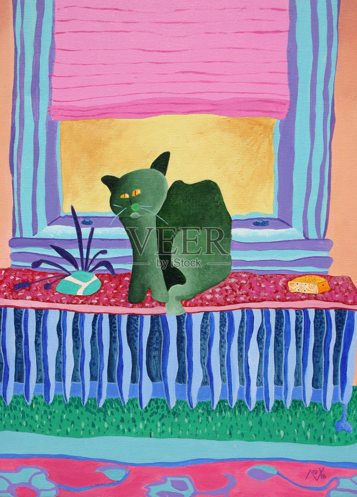 橱窗插图里的绿猫插画图片素材