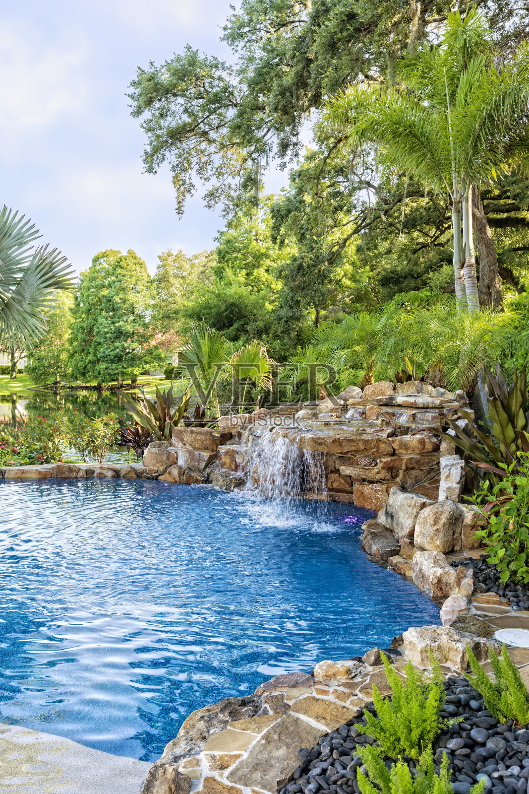 美丽的景观游泳池在Estate Home照片摄影图片