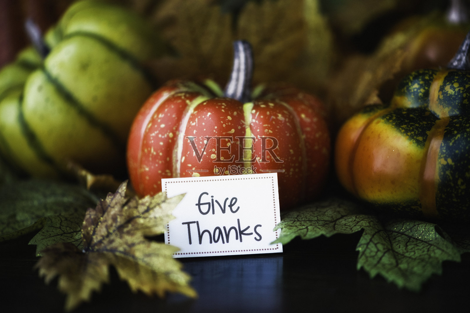感恩节秋季安排南瓜，树叶和感谢信息照片摄影图片