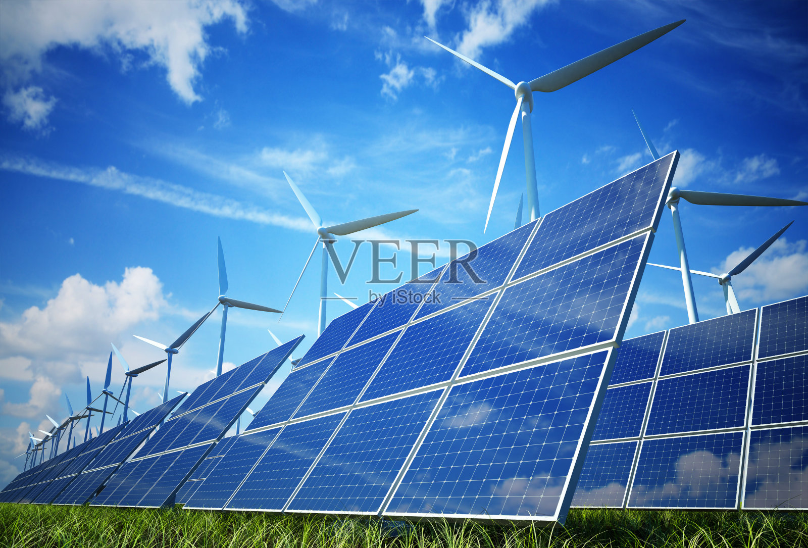 风力涡轮机和太阳能板制造绿色能源照片摄影图片