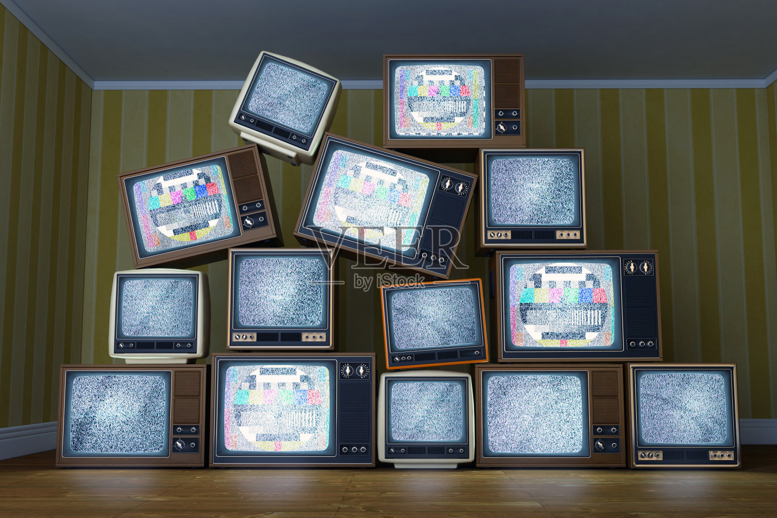 一堆显示静态信号的老式电视，测试模式照片摄影图片