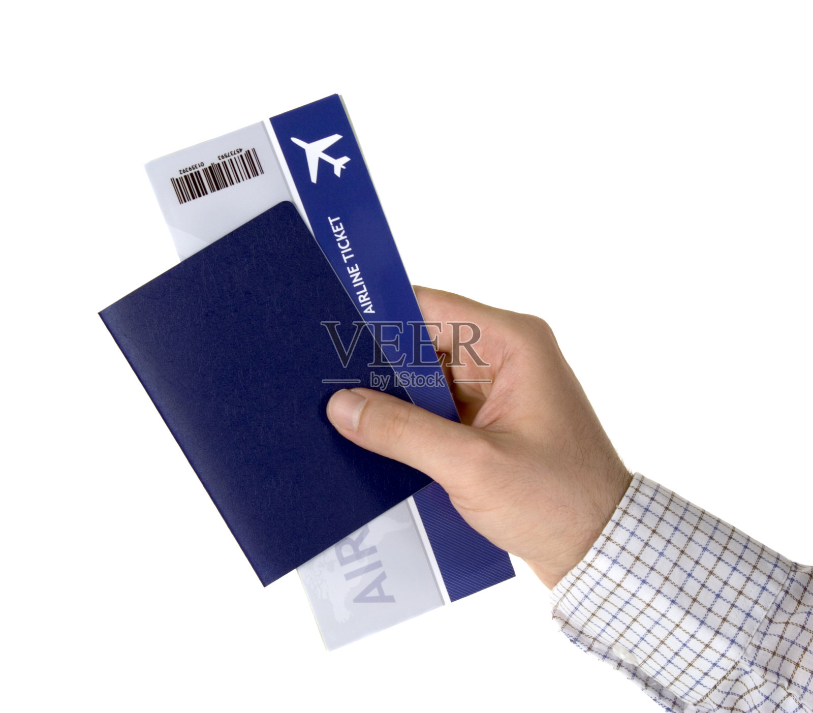 手里拿着蓝色护照和机票照片摄影图片