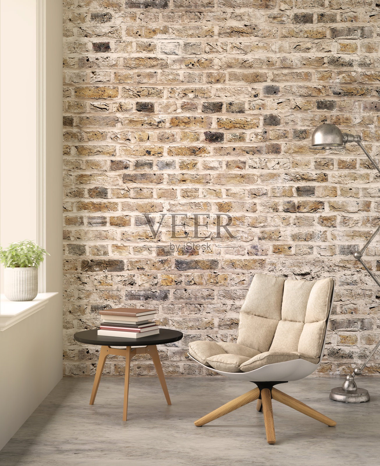 室内时髦的砖墙，椅子和桌子插画图片素材