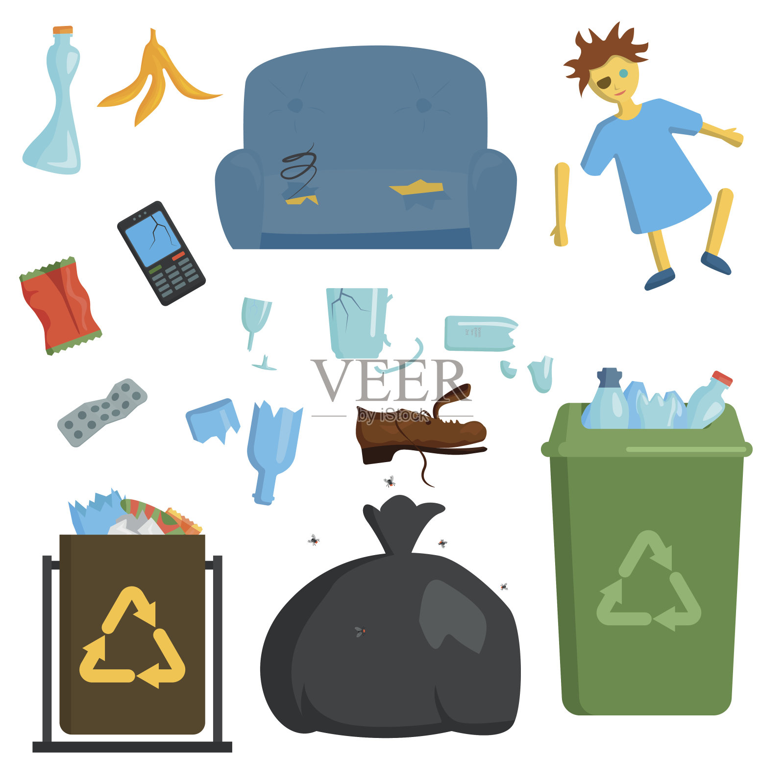 垃圾回收再利用要素、垃圾袋、轮胎管理行业利用废生态概念和可回收瓶子、处置箱矢量插图插画图片素材
