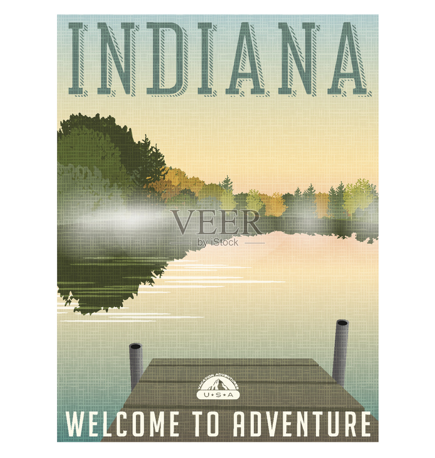 印第安纳旅行海报或贴纸。矢量插图的雾在宁静的湖在秋天。插画图片素材