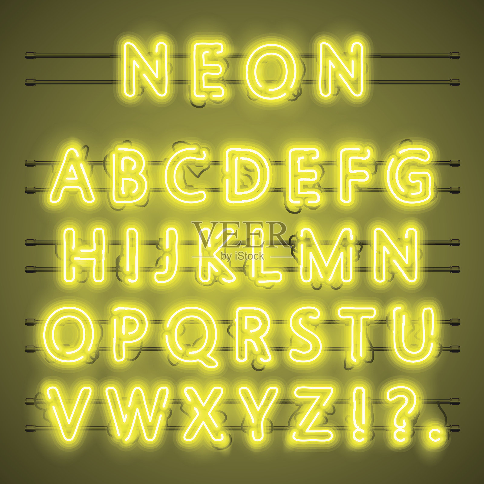 霓虹字体城市文字，暗黄色字母，矢量插图插画图片素材
