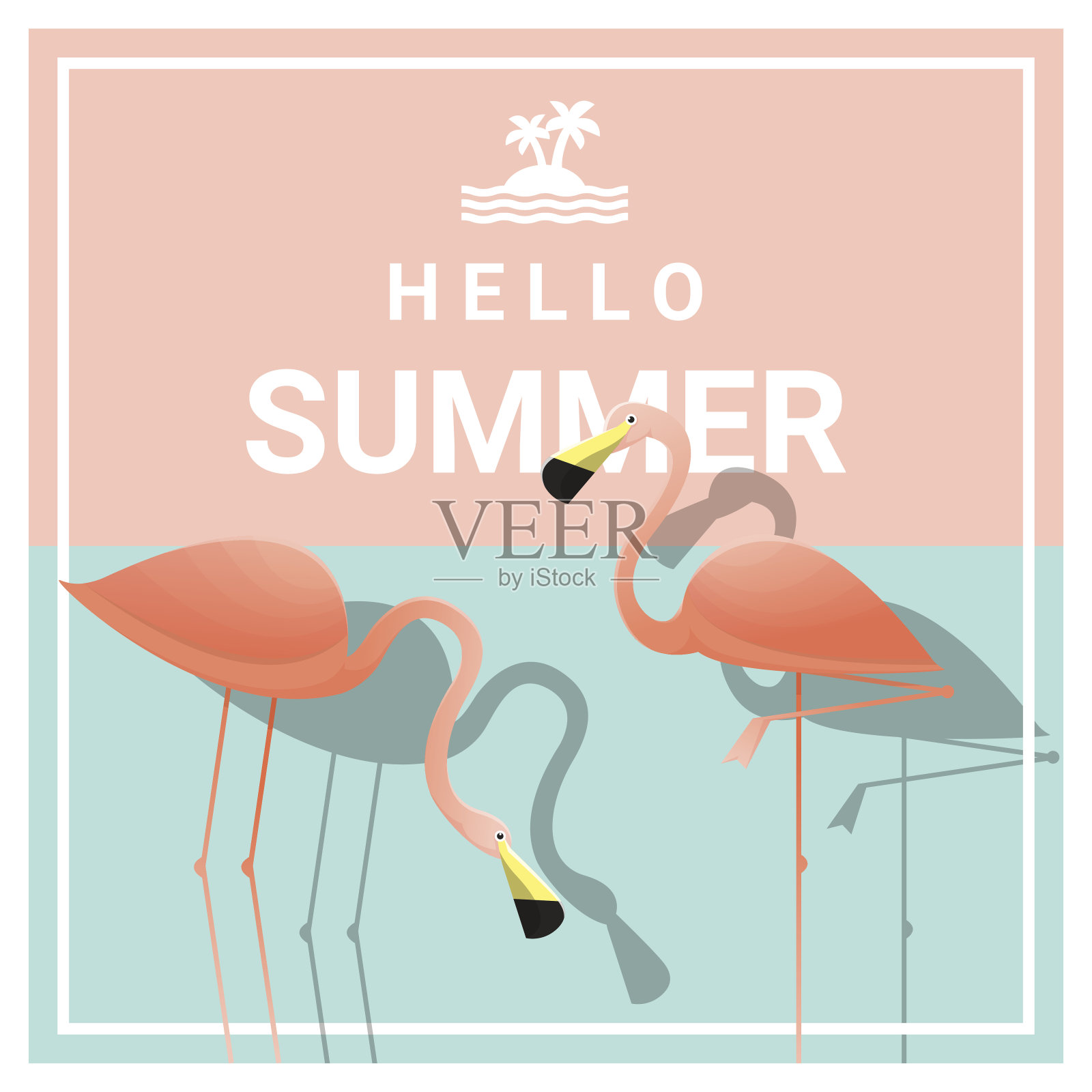 你好夏季背景与两个粉红色火烈鸟，矢量，插图插画图片素材