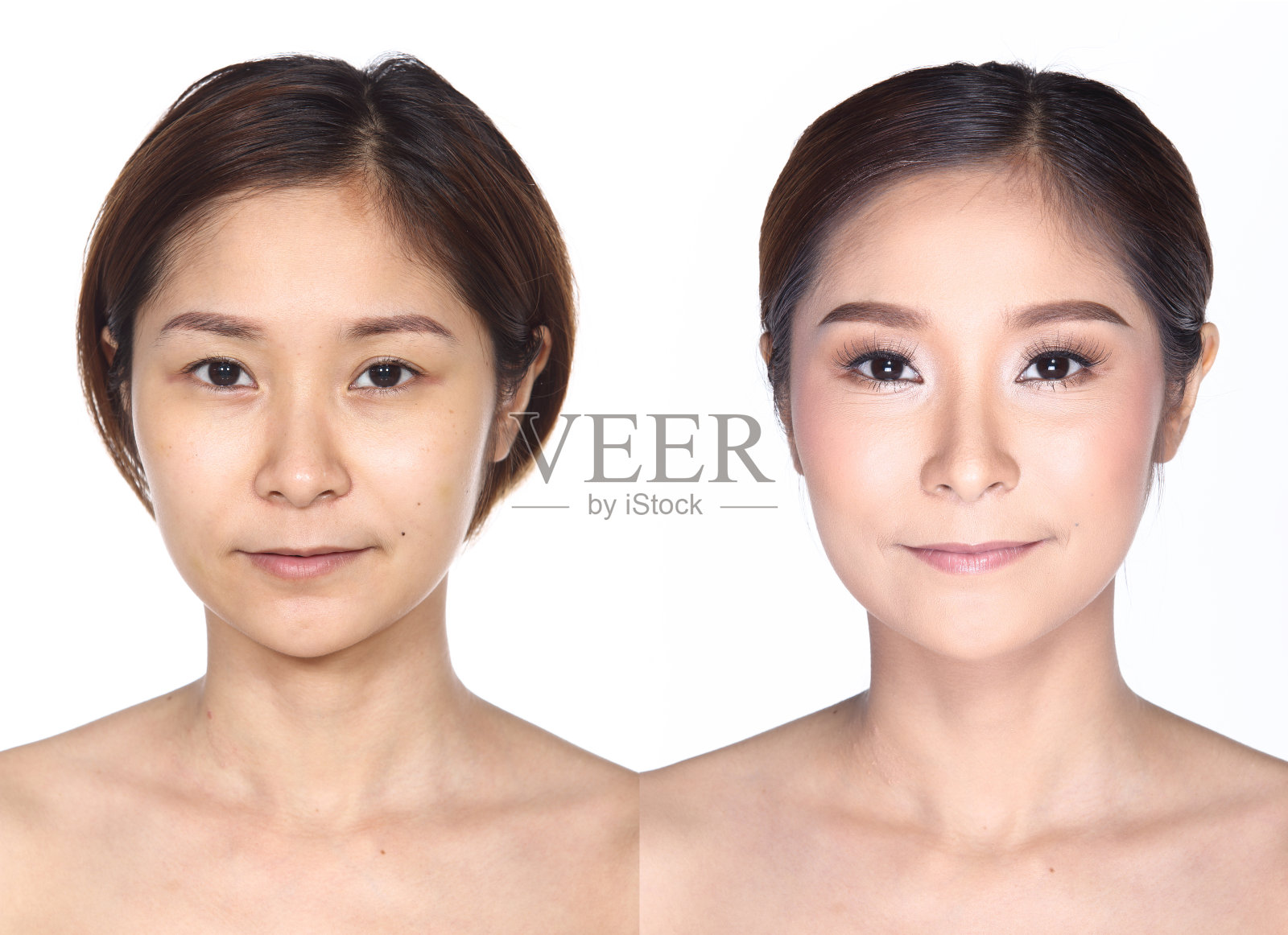 亚洲女人化妆前后做发型。没有修饰，脸上有青春痘，痣照片摄影图片