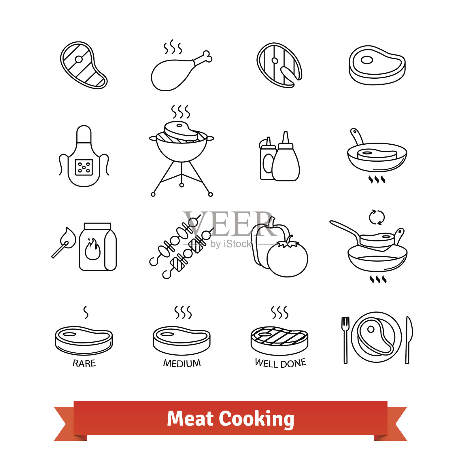 肉类烹饪细线艺术图标集图标素材