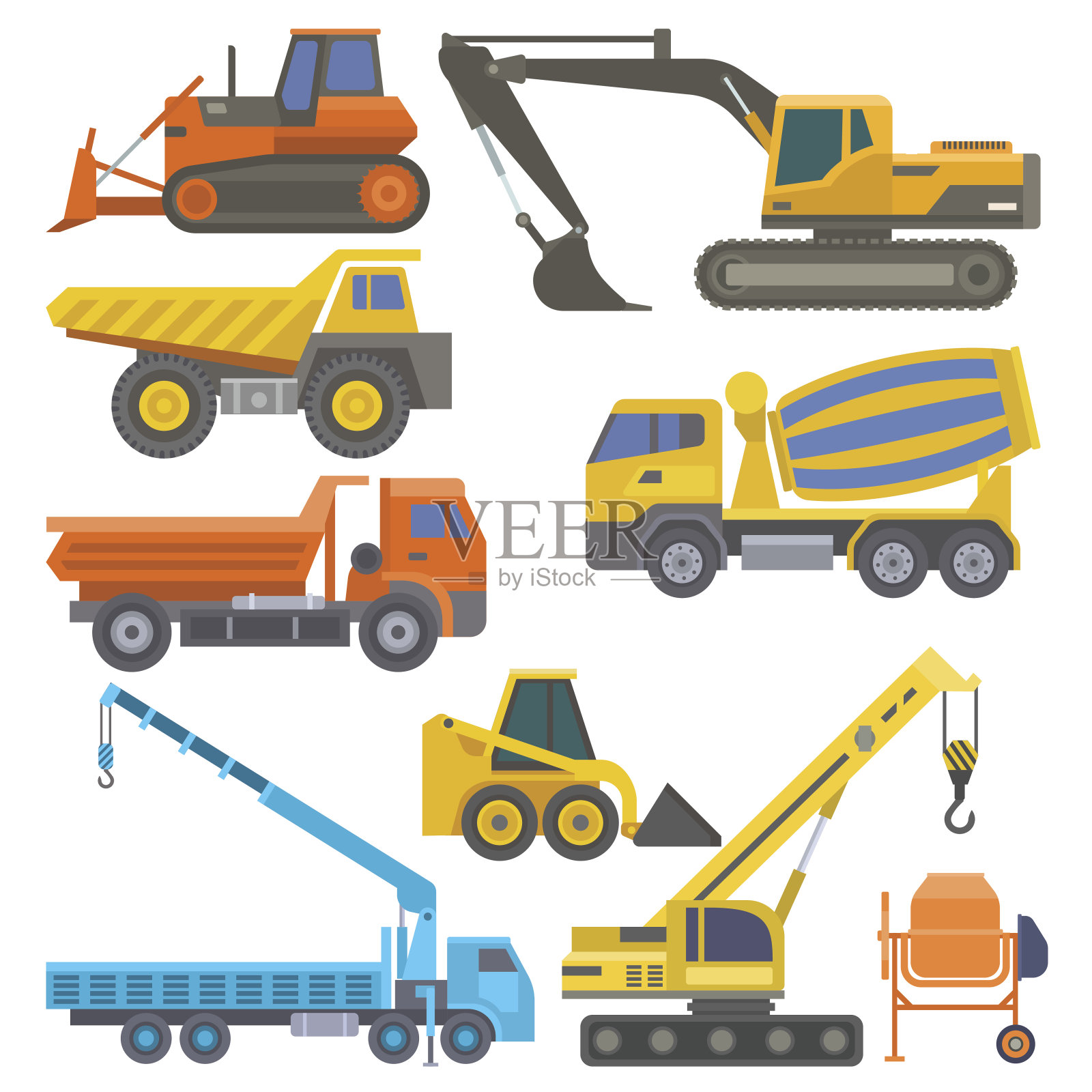 施工设备和机械用卡车、起重机、推土机平黄色运输矢量图插画图片素材