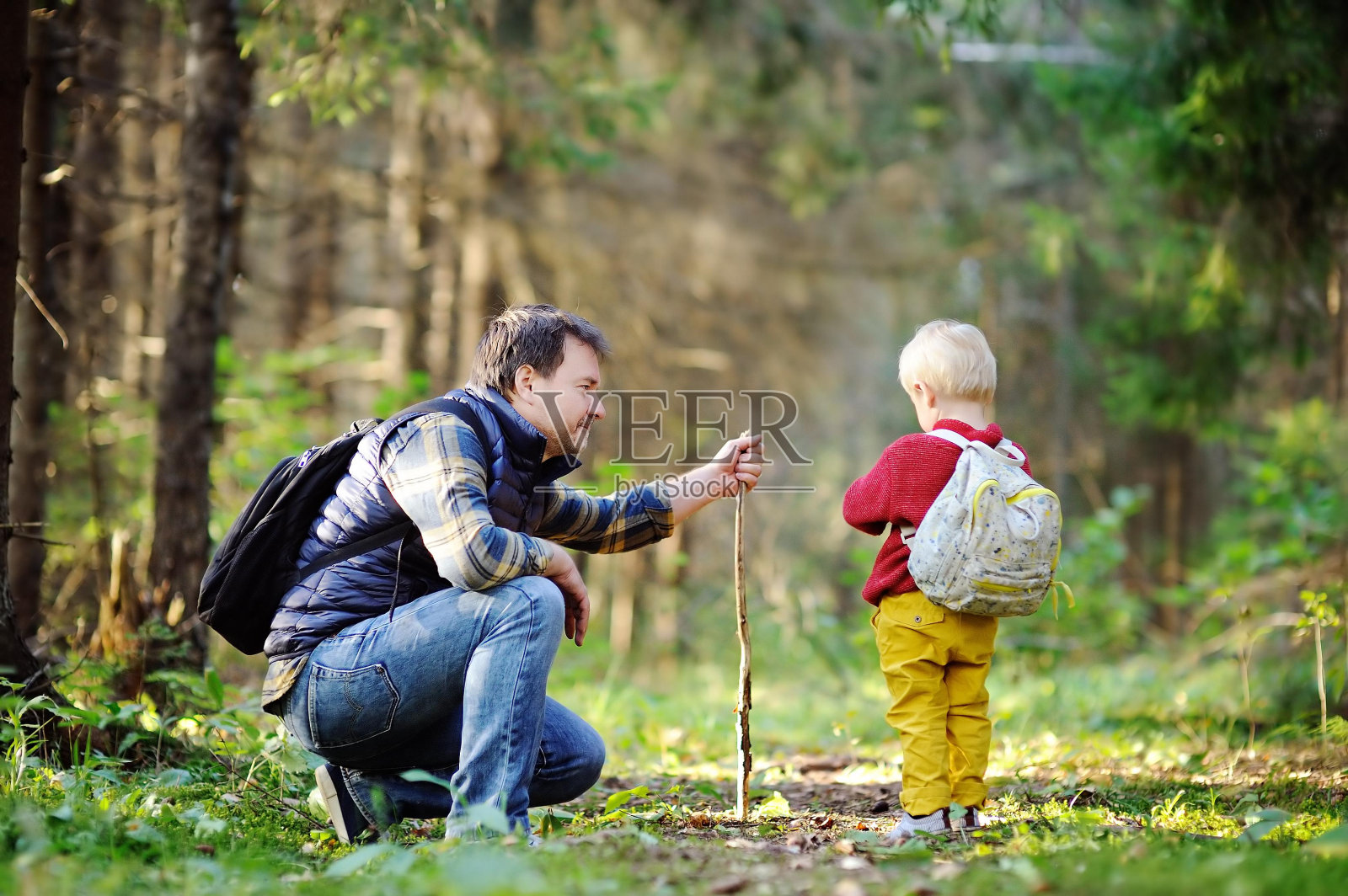 父亲和儿子在森林里徒步旅行活动照片摄影图片