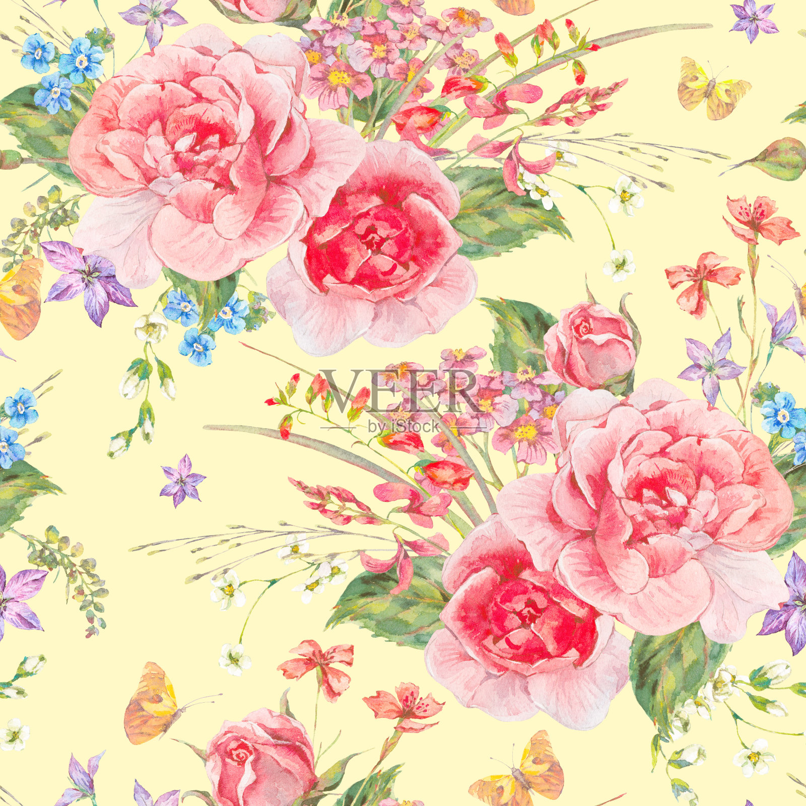 水彩无缝模式与野花和玫瑰插画图片素材