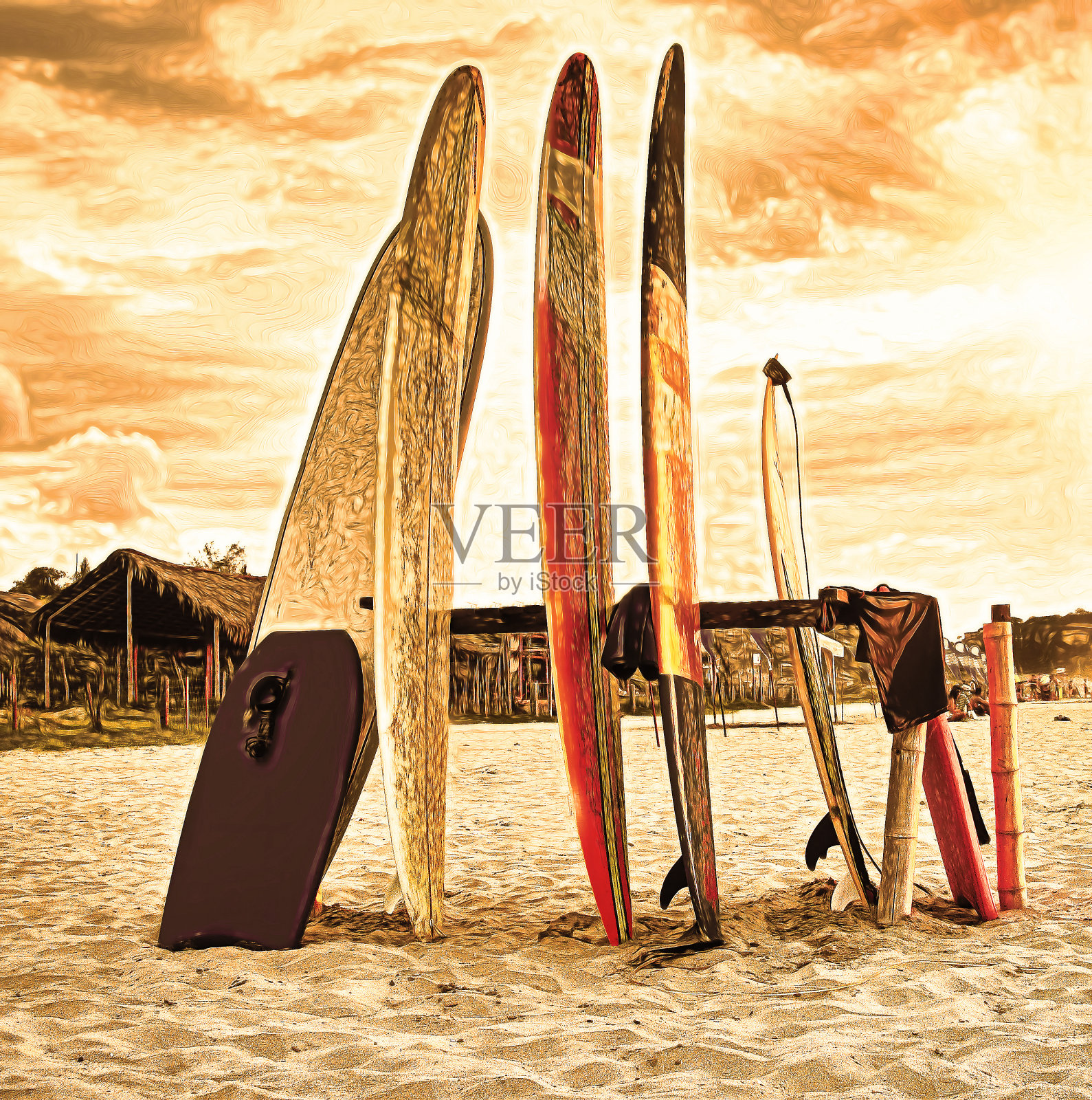 在日落海滩出租冲浪板的插图照片摄影图片