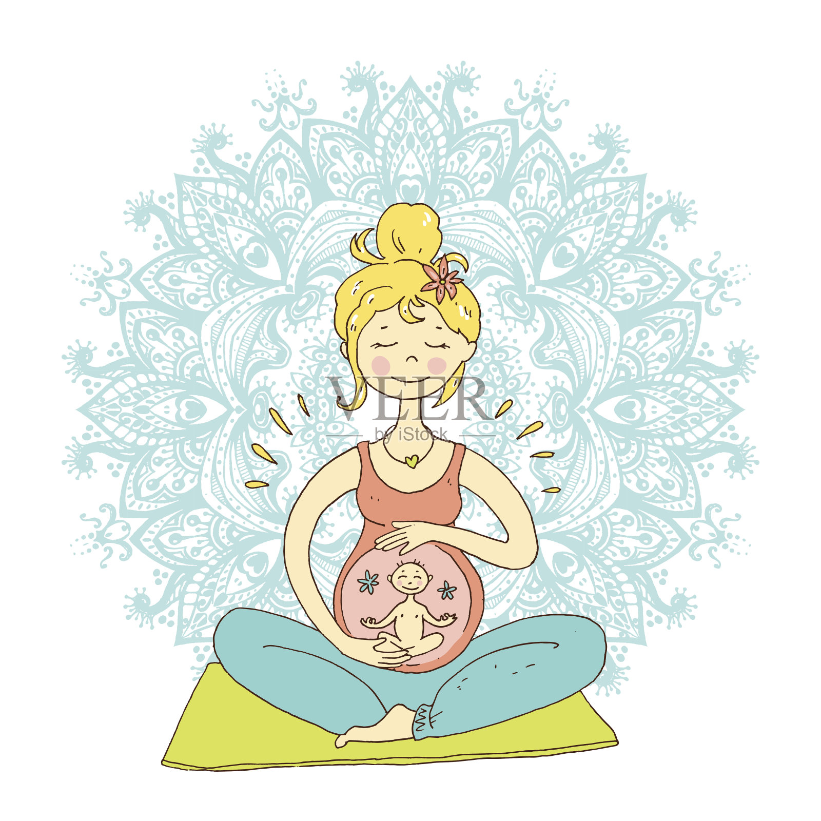孕妇荷花位置对着曼荼罗背景。减少插画图片素材
