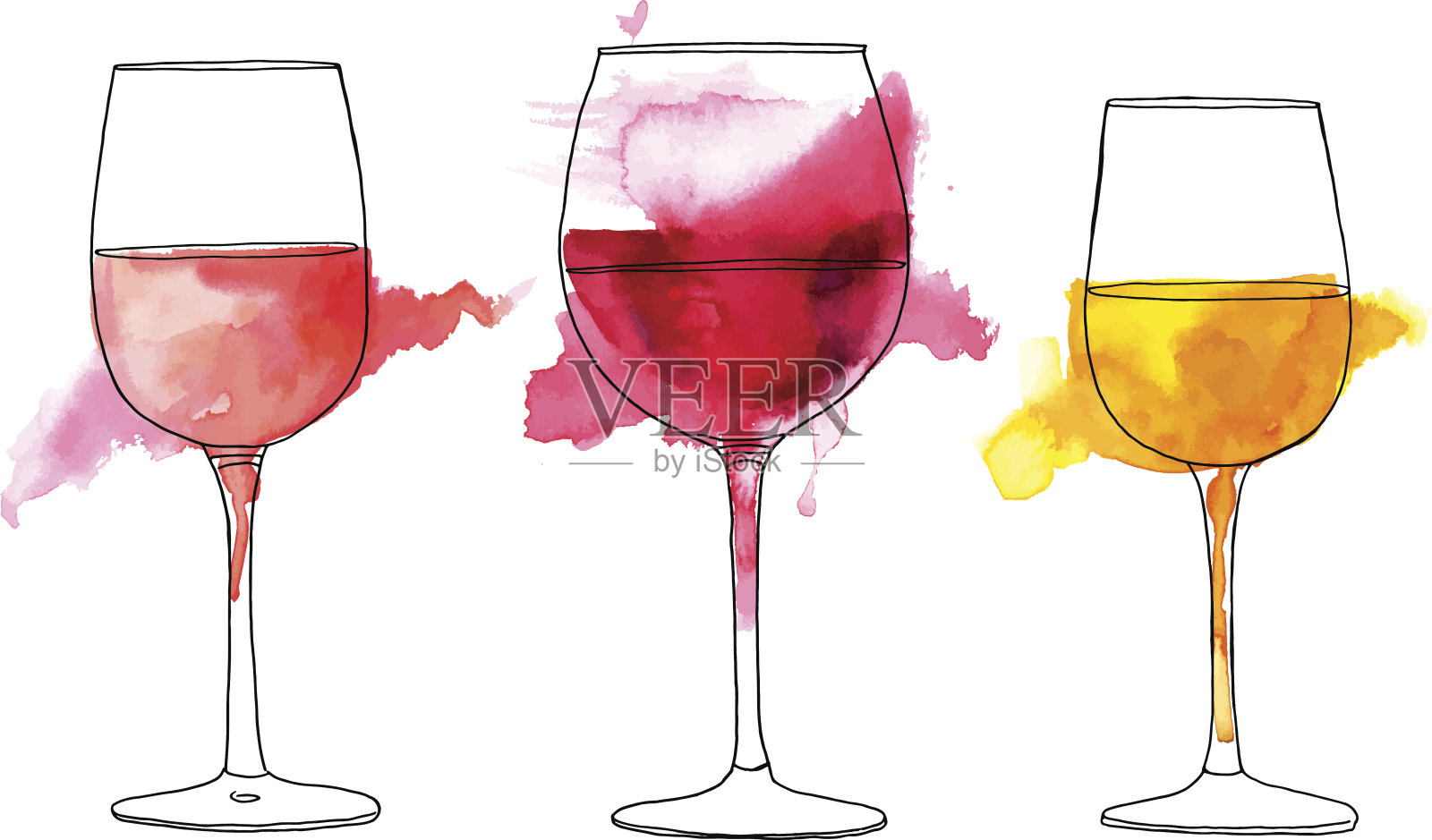 一套向量和水彩画的酒杯设计元素图片