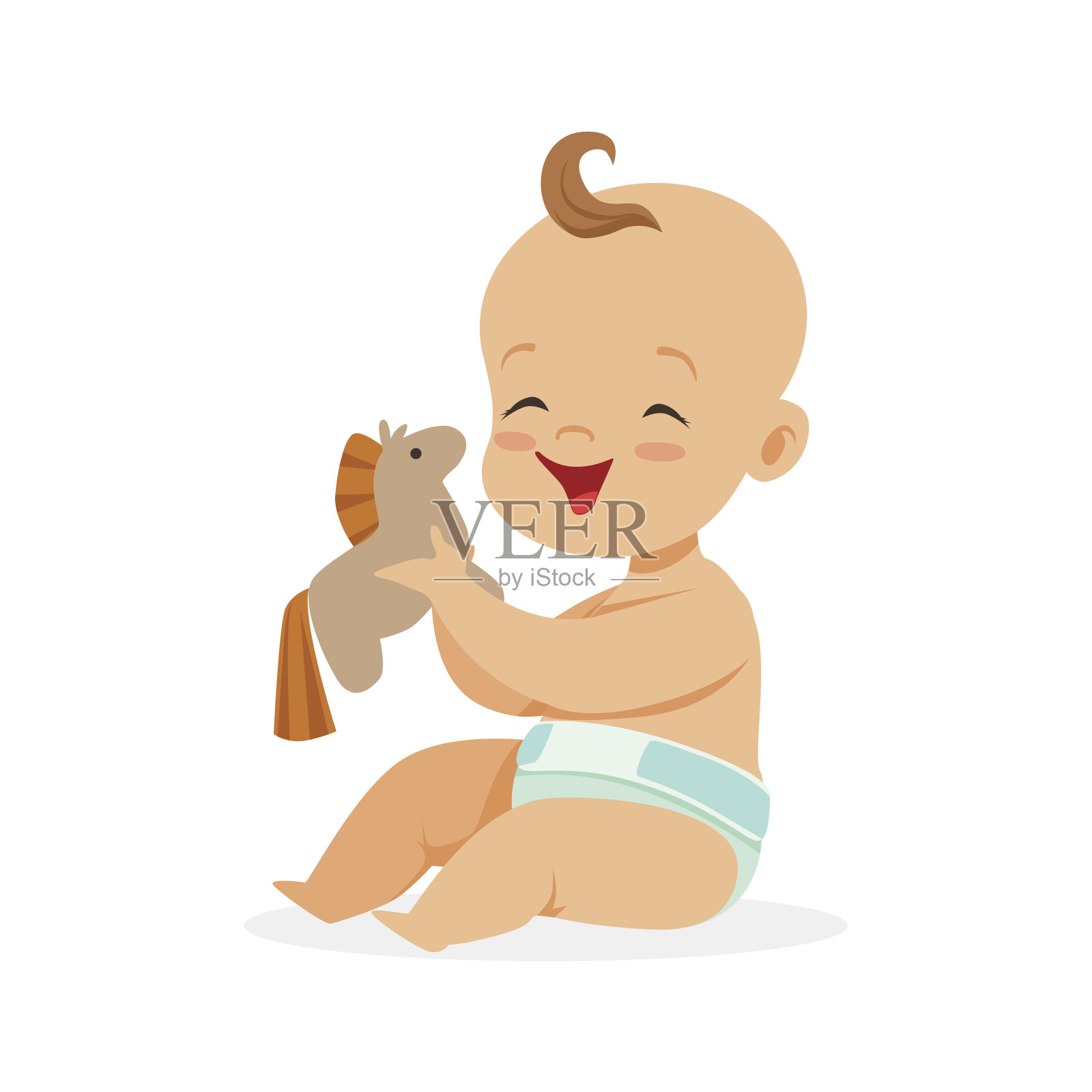 可爱快乐的宝宝在尿布里坐着玩玩具马，彩色卡通人物矢量插图插画图片素材
