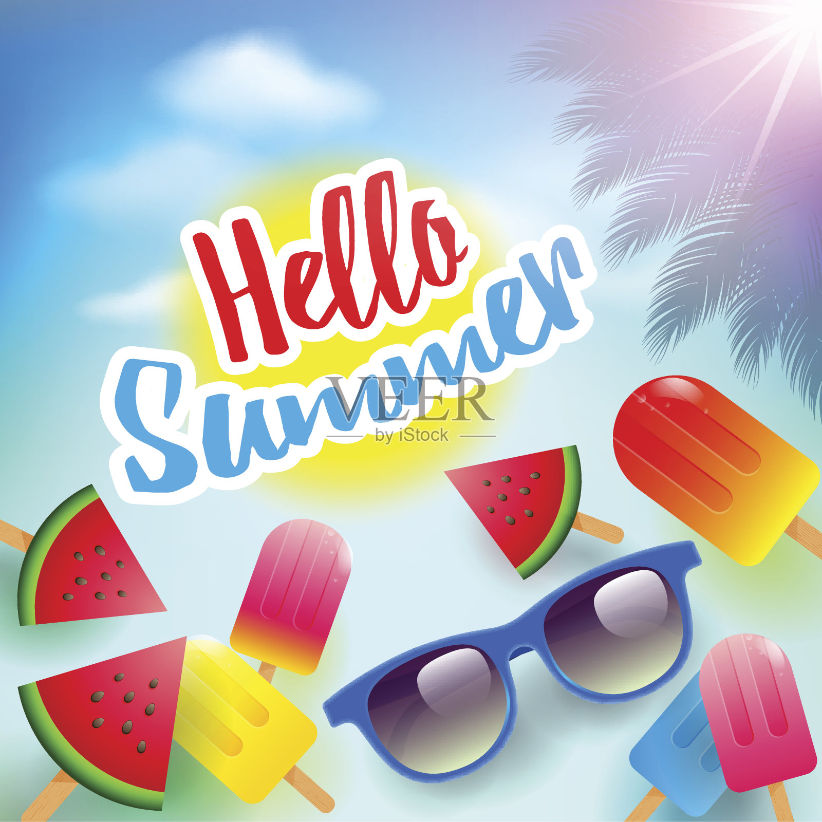 矢量夏季假期印刷插图与太阳镜，冰淇淋和西瓜。夏天的背景。夏季派对矢量插图插画图片素材