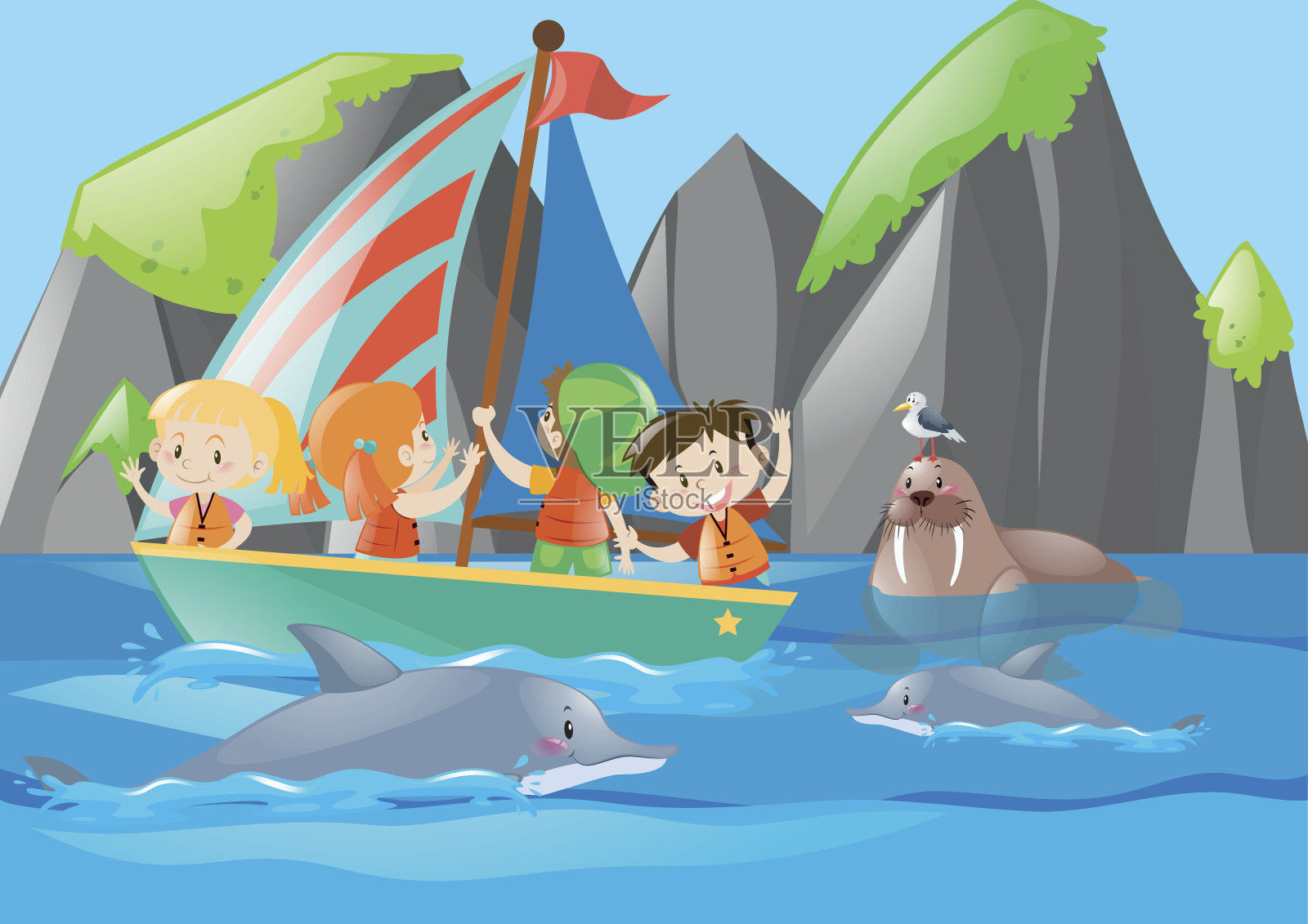 孩子们在船上看海豚插画图片素材