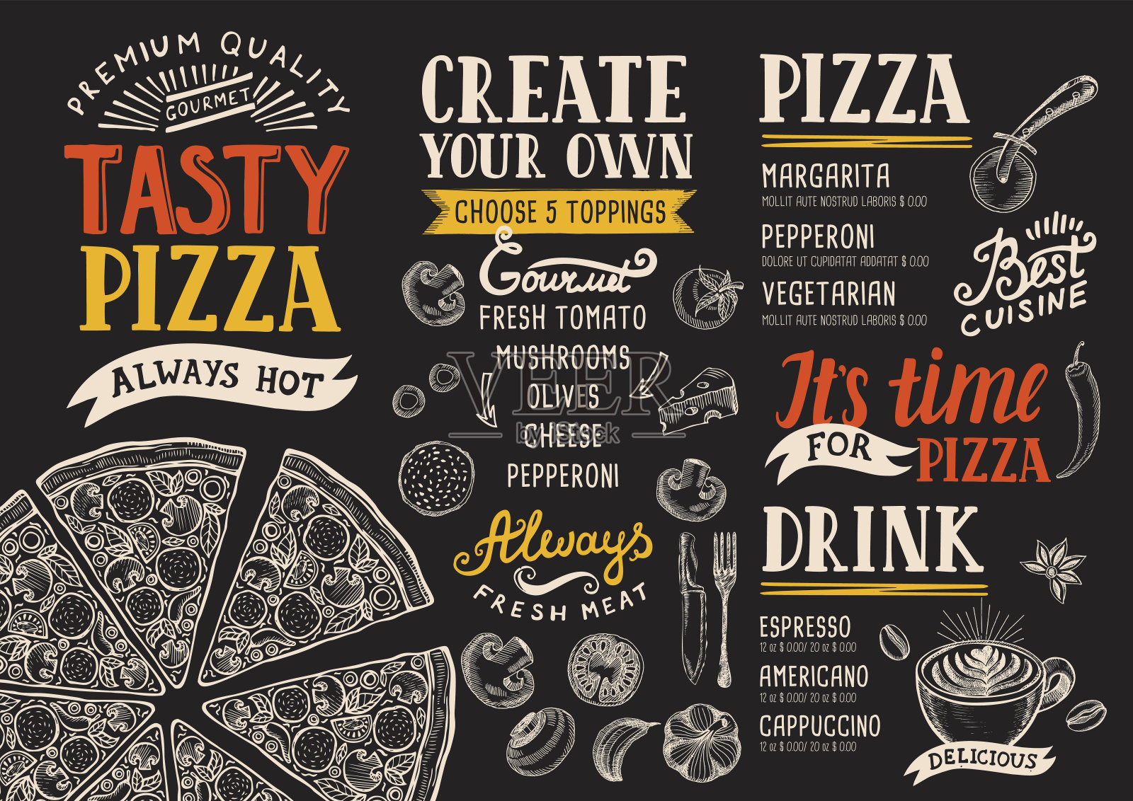 披萨餐厅菜单，食物模板。设计模板素材