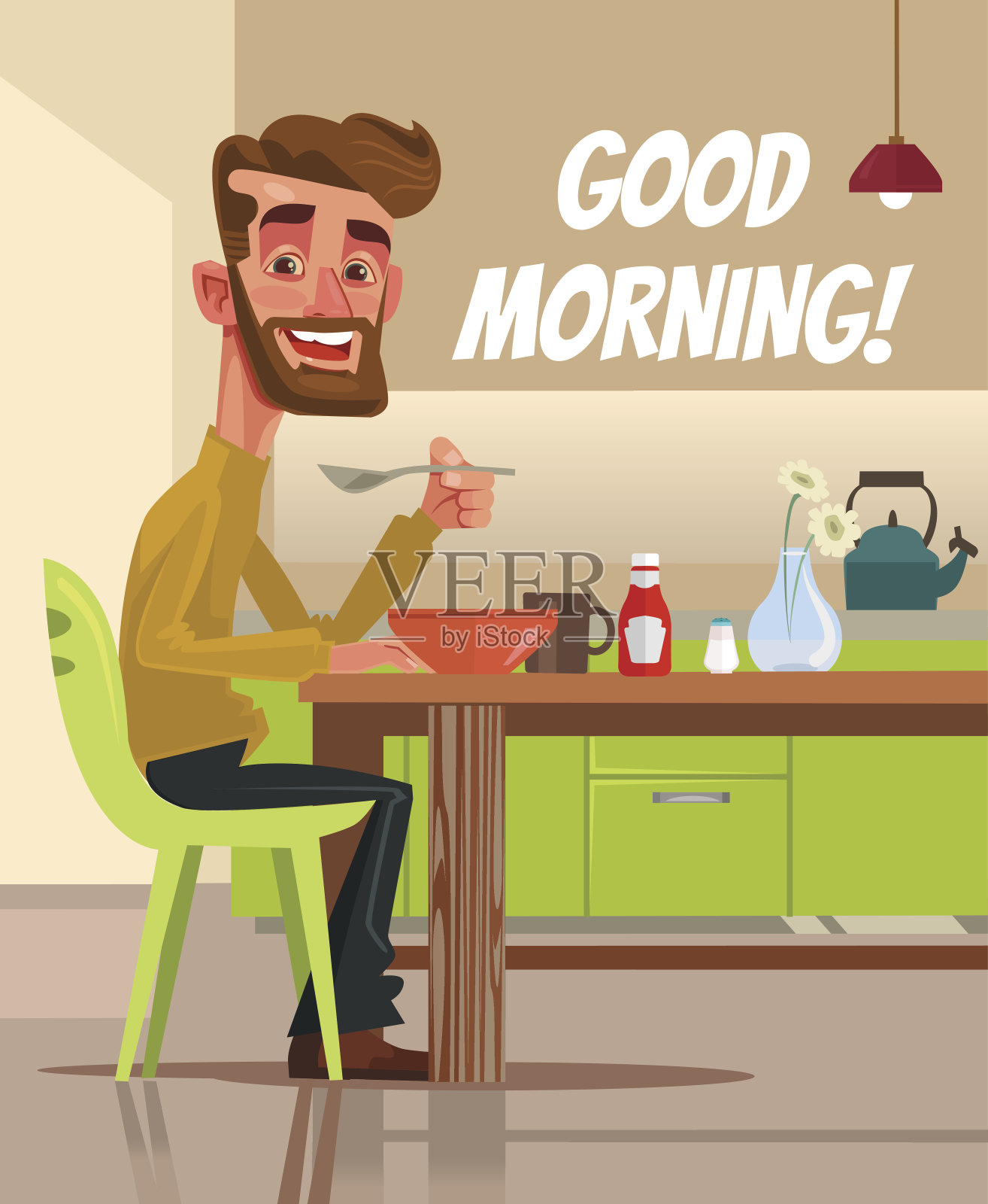 快乐的微笑的男人性格吃早餐。早上好插画图片素材