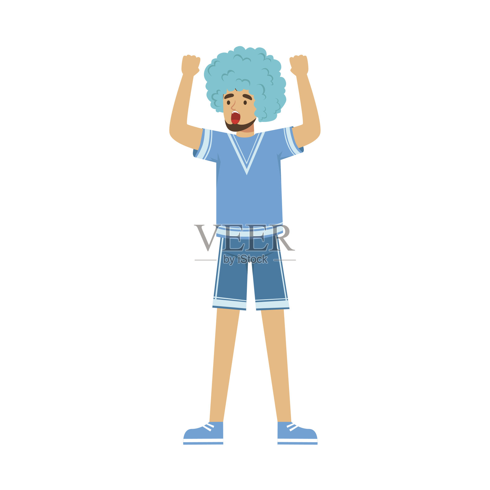 快乐的留胡子的足球球迷字符在蓝色假发庆祝他的球队矢量插图的胜利设计元素图片