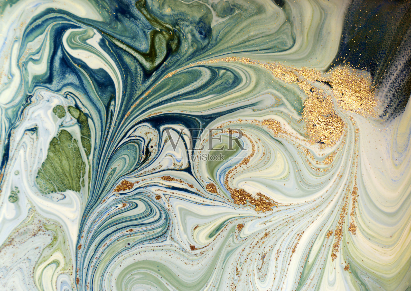 大理石蓝色，绿色和金色抽象背景。液体大理石模式。照片摄影图片