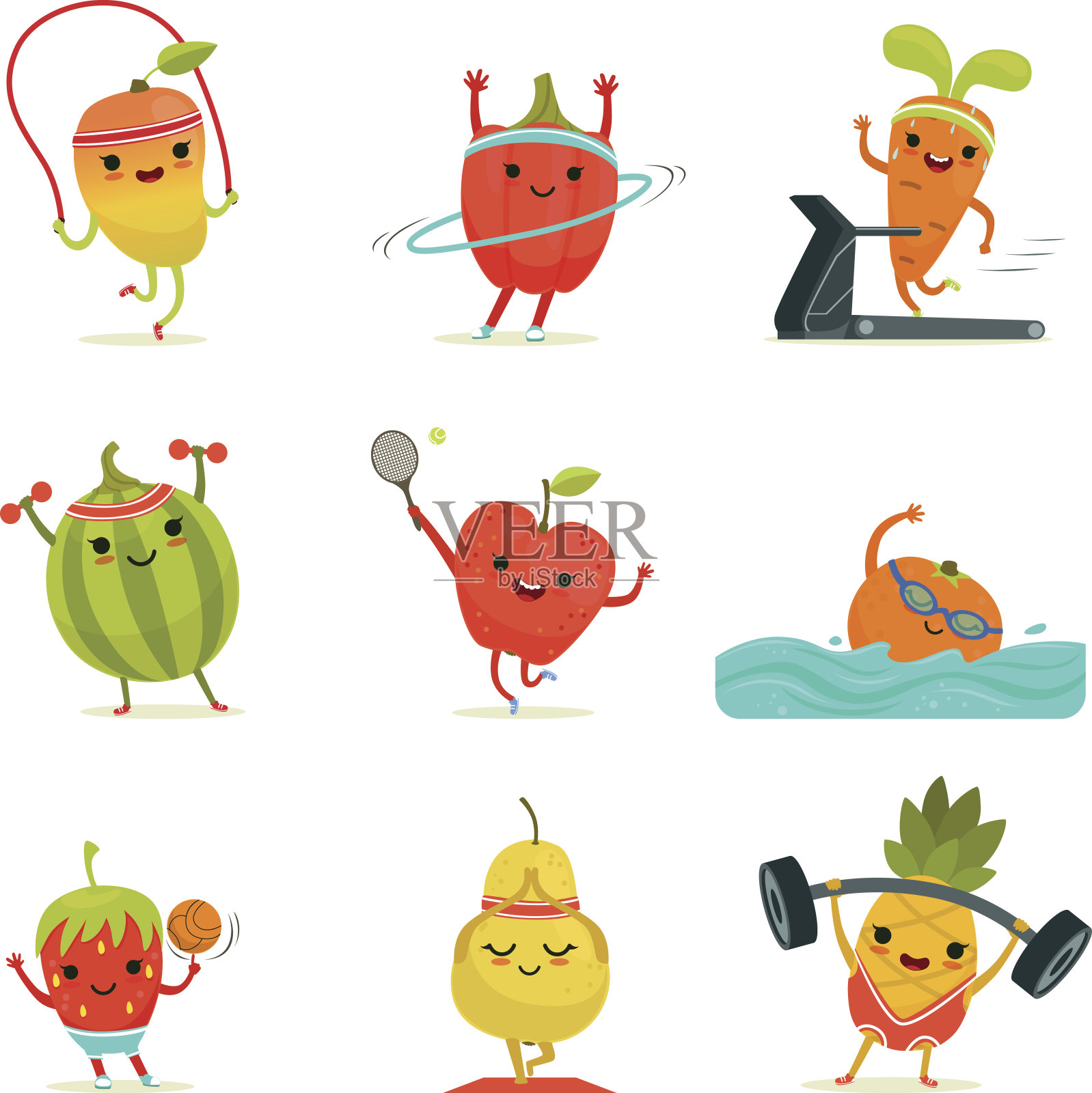 有趣的水果可以做健身运动。矢量卡通与减肥食品设计元素图片