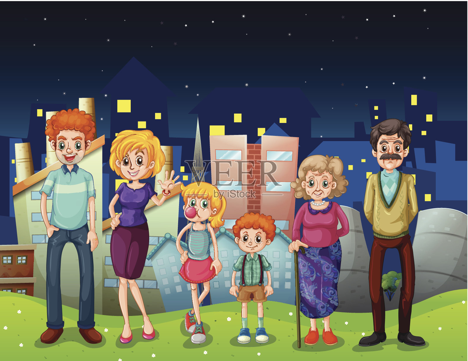 幸福的家庭靠近城市的高楼大厦插画图片素材