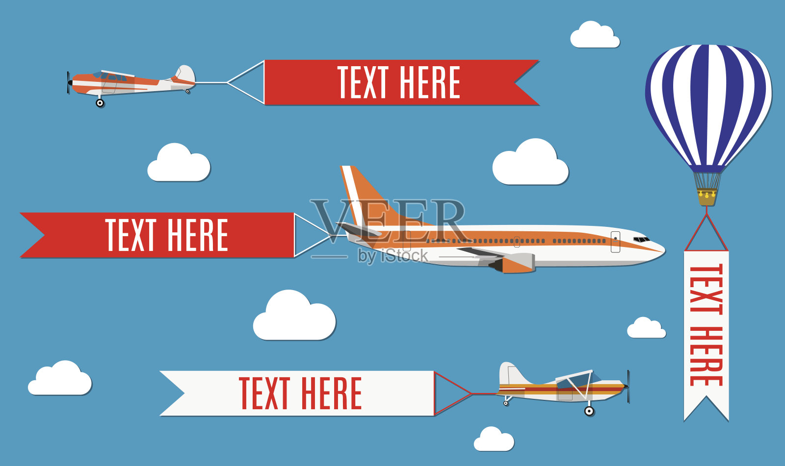 飞机，飞机，双翼飞机和热气球。插画图片素材