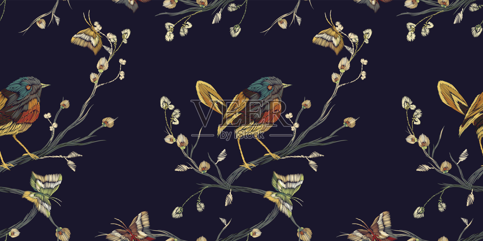 复古无缝图案:鸟、蝶、花。插画图片素材