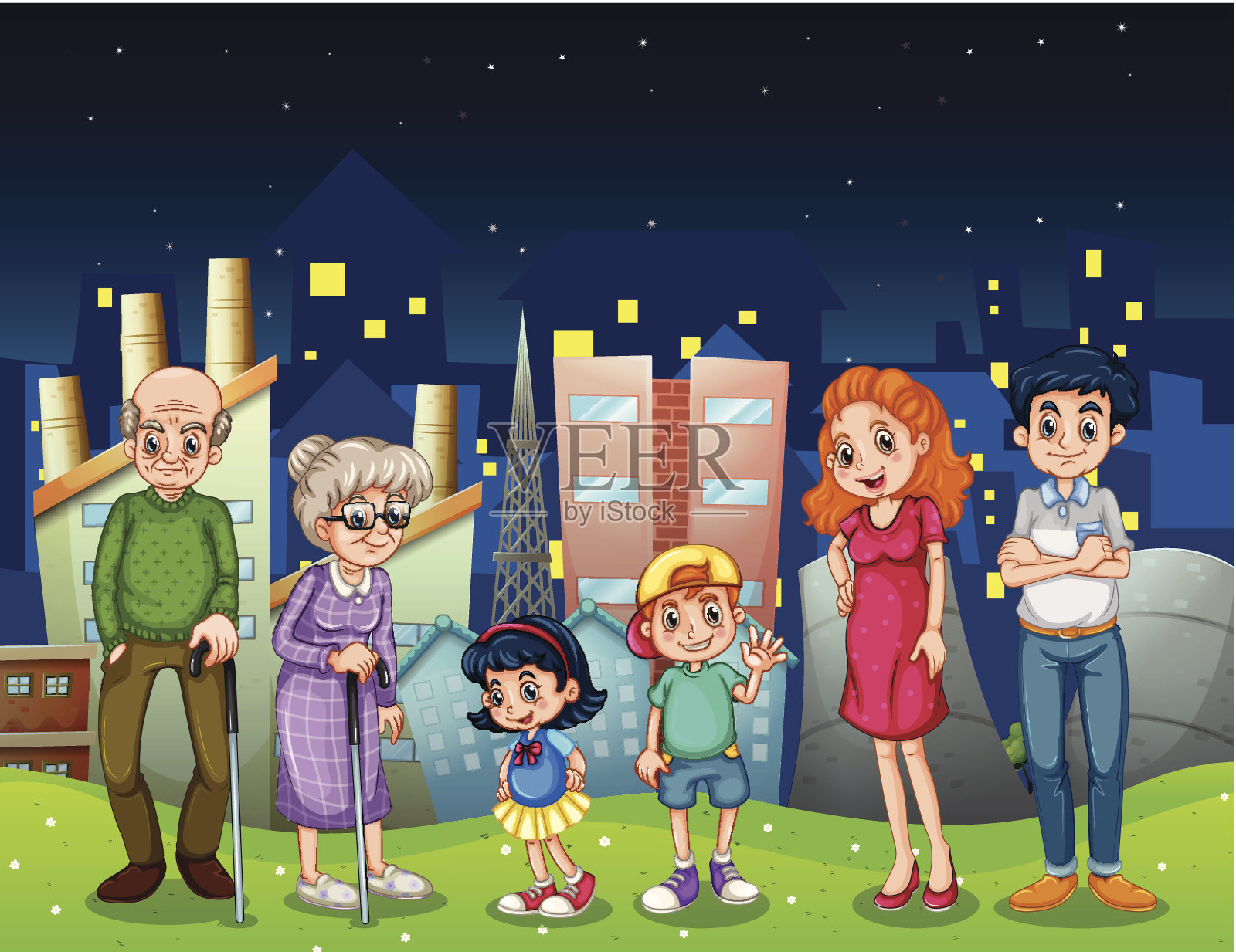 家人站在城市的高楼大厦前插画图片素材