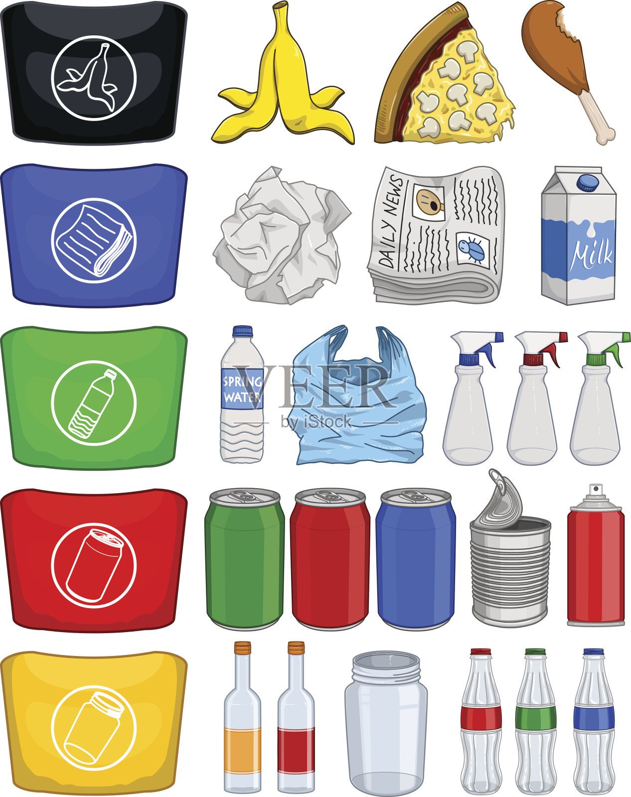 食物瓶、罐头、纸、垃圾回收包插画图片素材