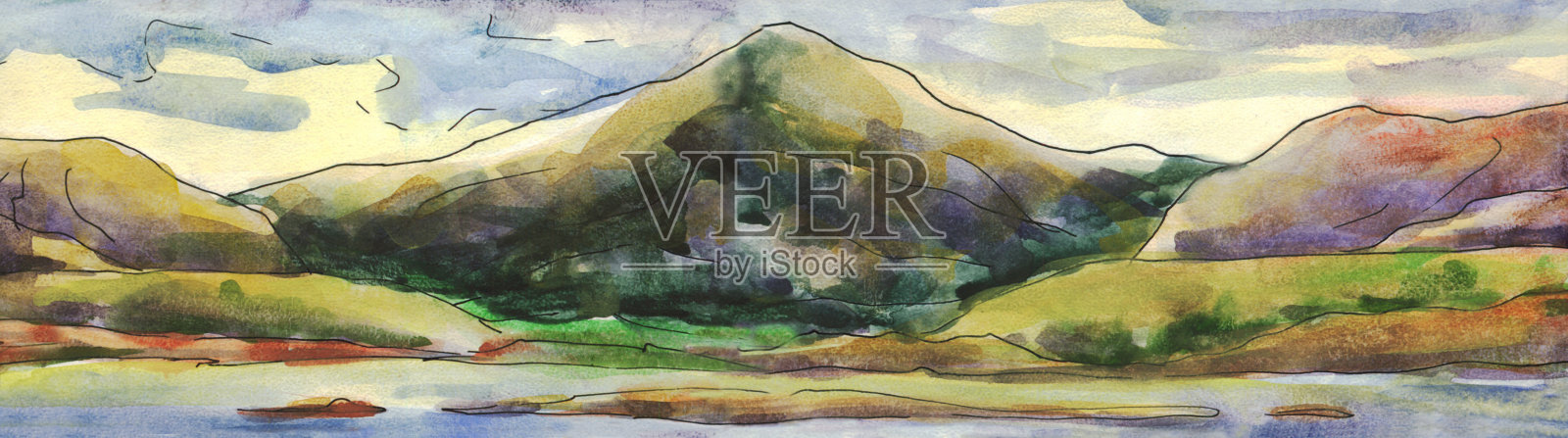 河流和山脉的全景。水彩画插画图片素材