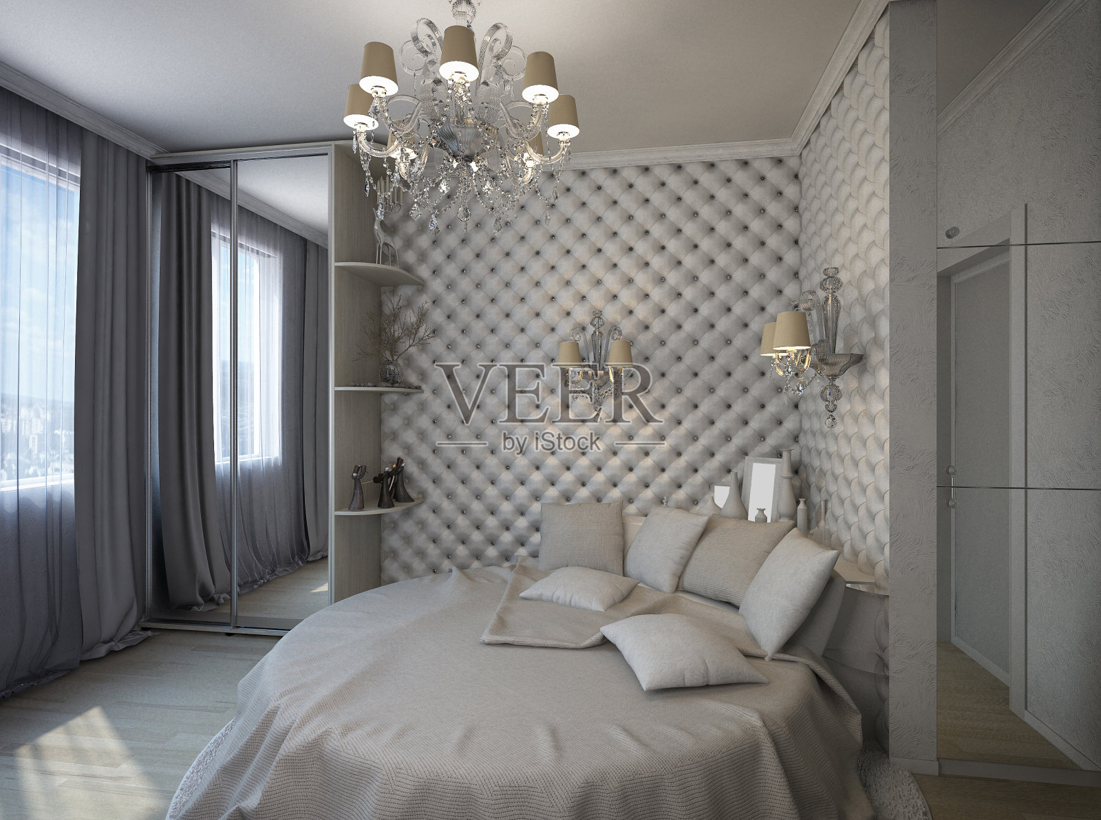 古典风格的白色卧室的3D渲染照片摄影图片